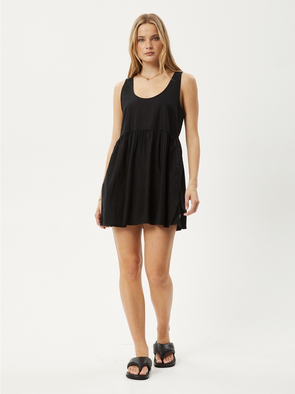 Afends Black Scoop Neck Jesse Mini Babydoll Dress Cotton Hemp Medium